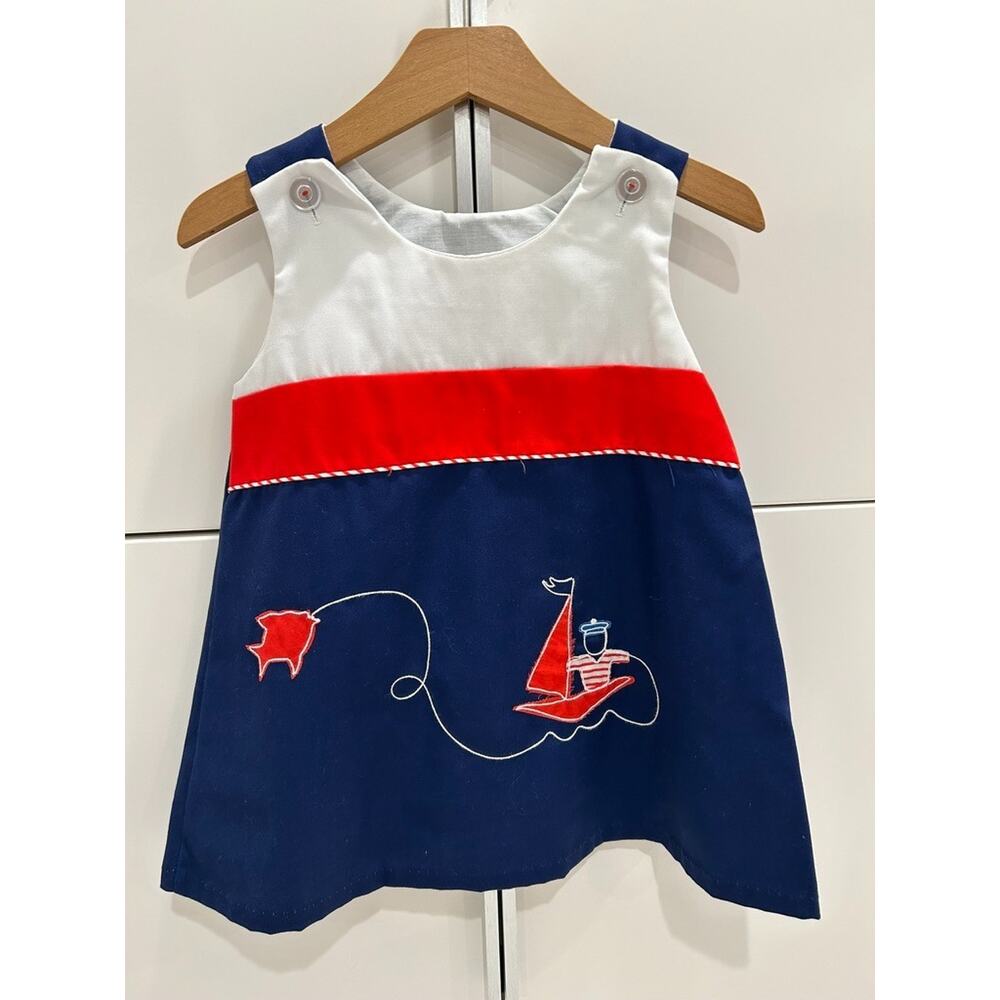 Vintage Florence Eiseman Nautical Sailboat Dress 3T Sailor Blue Pique A-Line